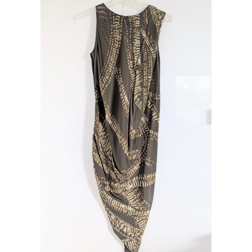MAX AZRIA Silk Asymmetric Wrap Effect Olive Dress With Abstract Pattern; Size 4 - Picture 4 of 11
